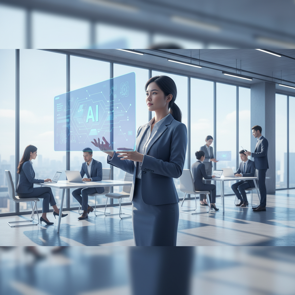A Vietnamese business professional looking thoughtfully at a holographic interface displaying AI algorithms and data, symbolizing strategic planning for AI integration in a local enterprise.