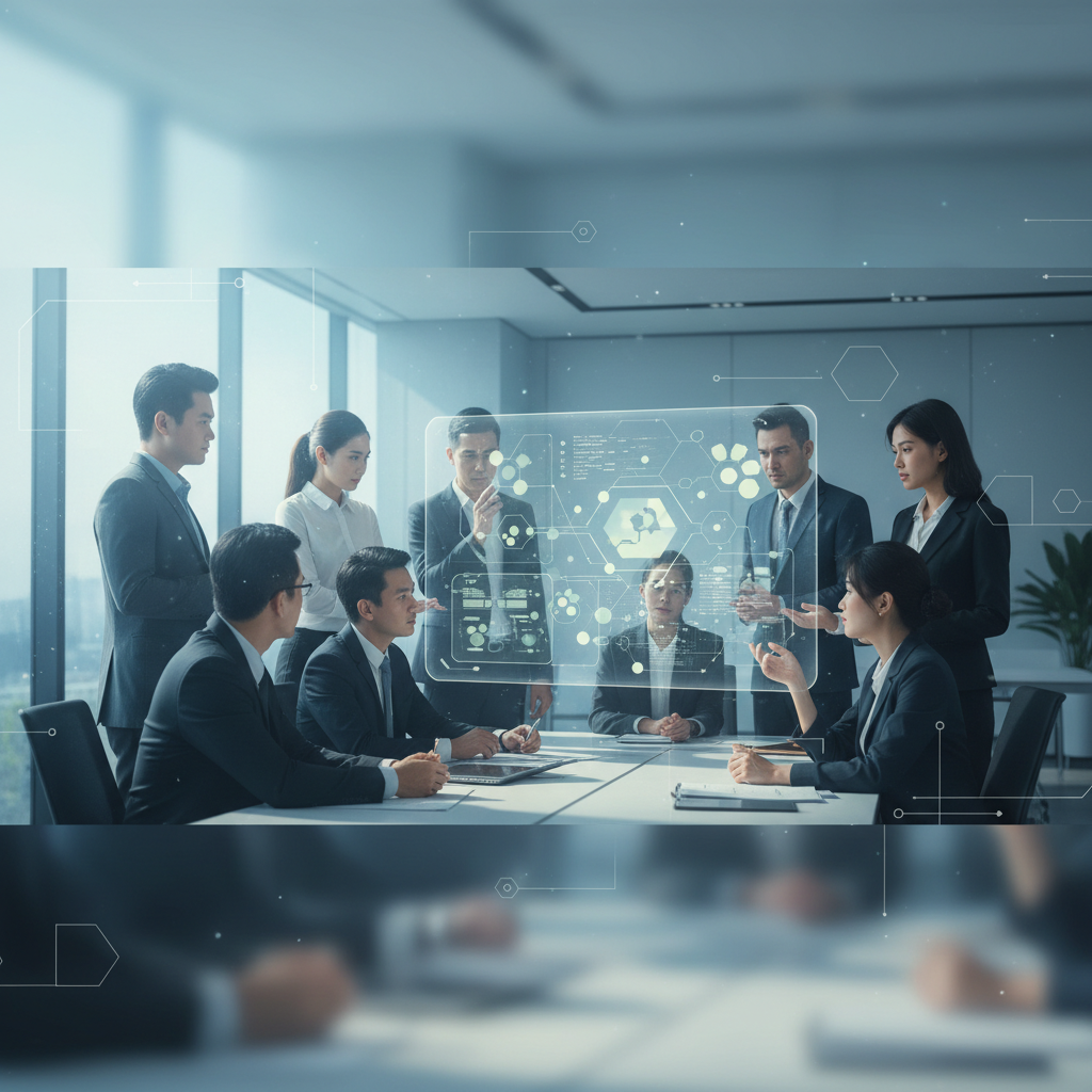a group of Vietnamese business professionals looking at a complex data dashboard with AI-generated insights, some with questioning expressions, in a modern office