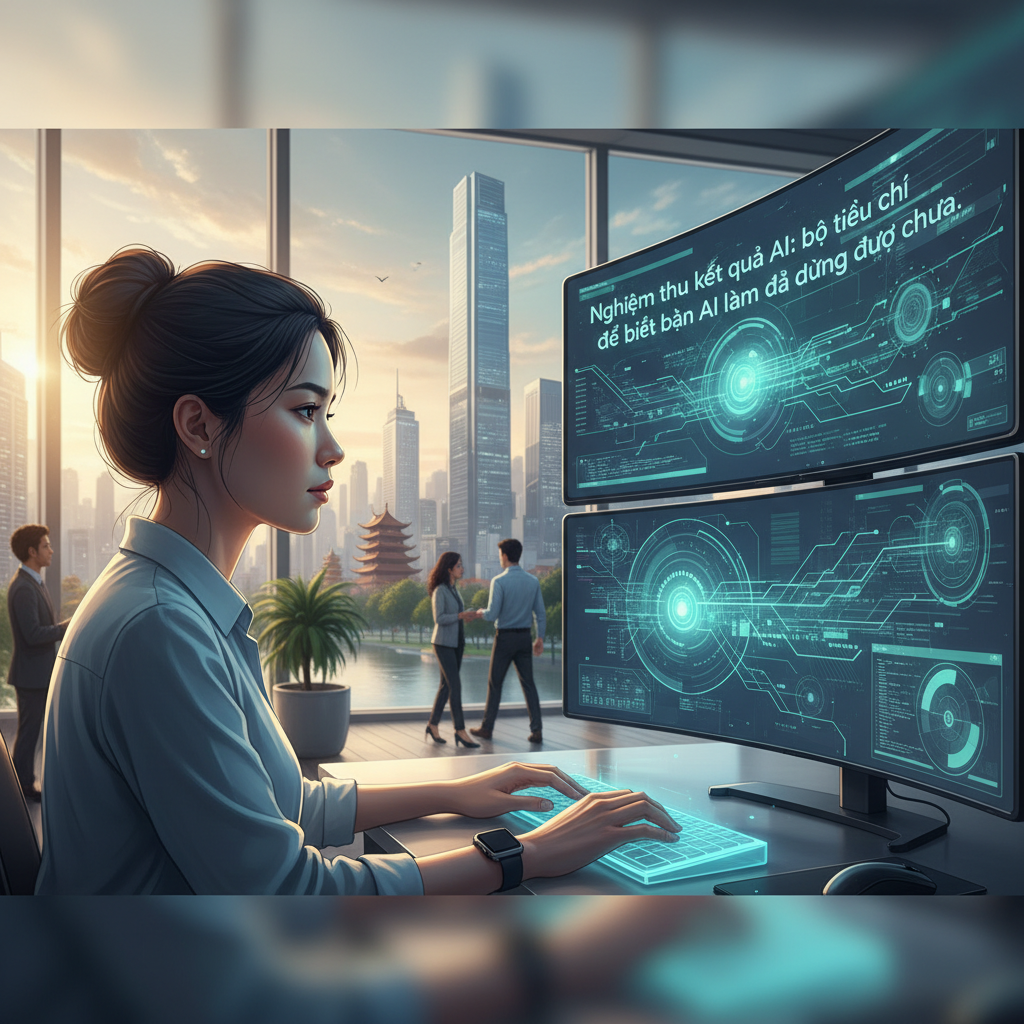 A data scientist in a modern office looking at multiple screens displaying complex data visualizations and code, with a Vietnamese cityscape in the background.