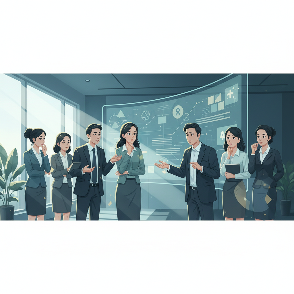 A diverse group of Vietnamese business professionals analyzing data on a large screen, looking concerned about data quality