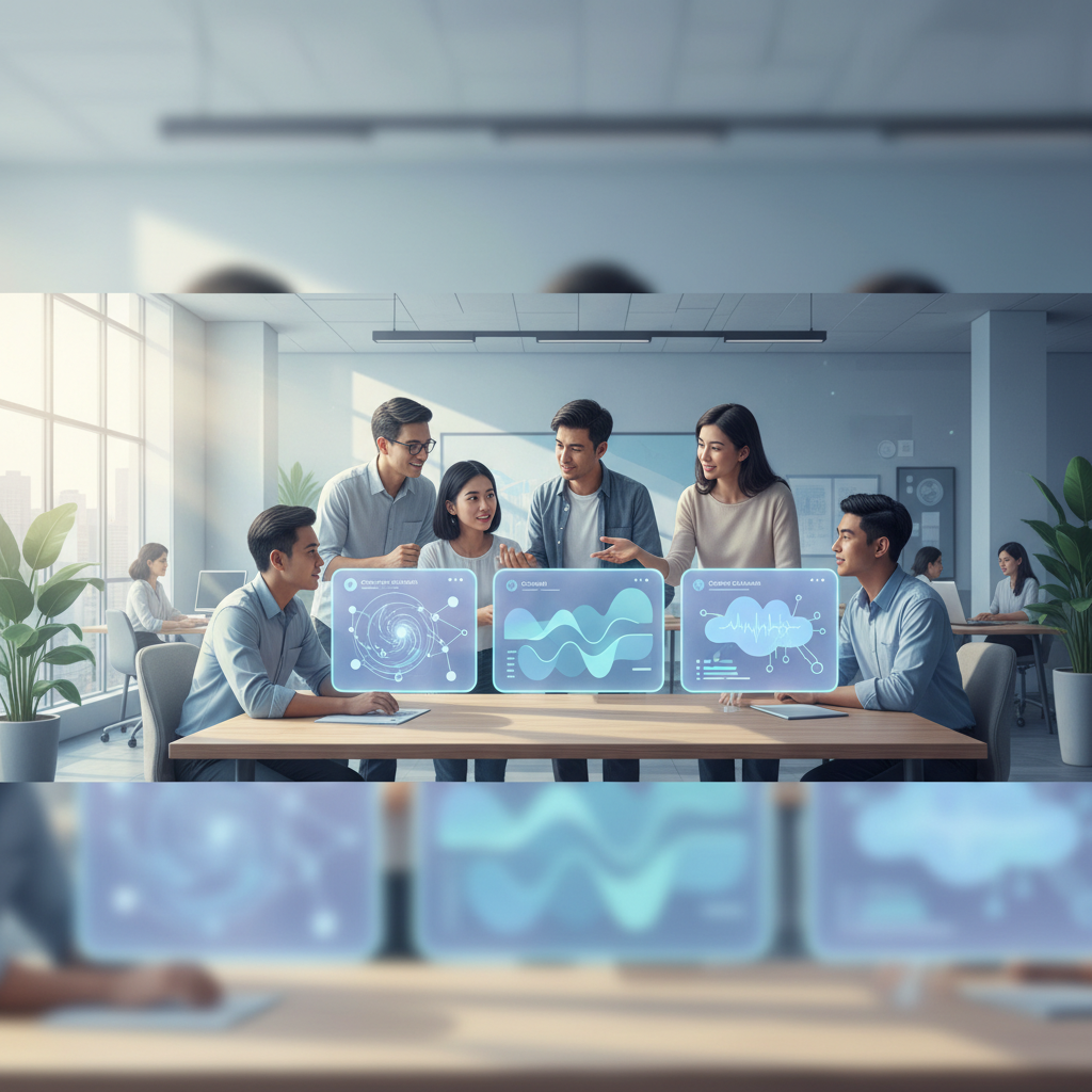 A Vietnamese marketing team brainstorming with AI tools on screens, modern office, diverse team, no text