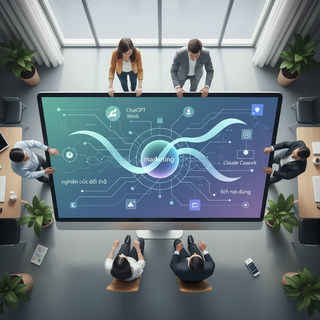 A Vietnamese marketing team analyzing competitor data on a large screen powered by AI, showing graphs and text analysis.