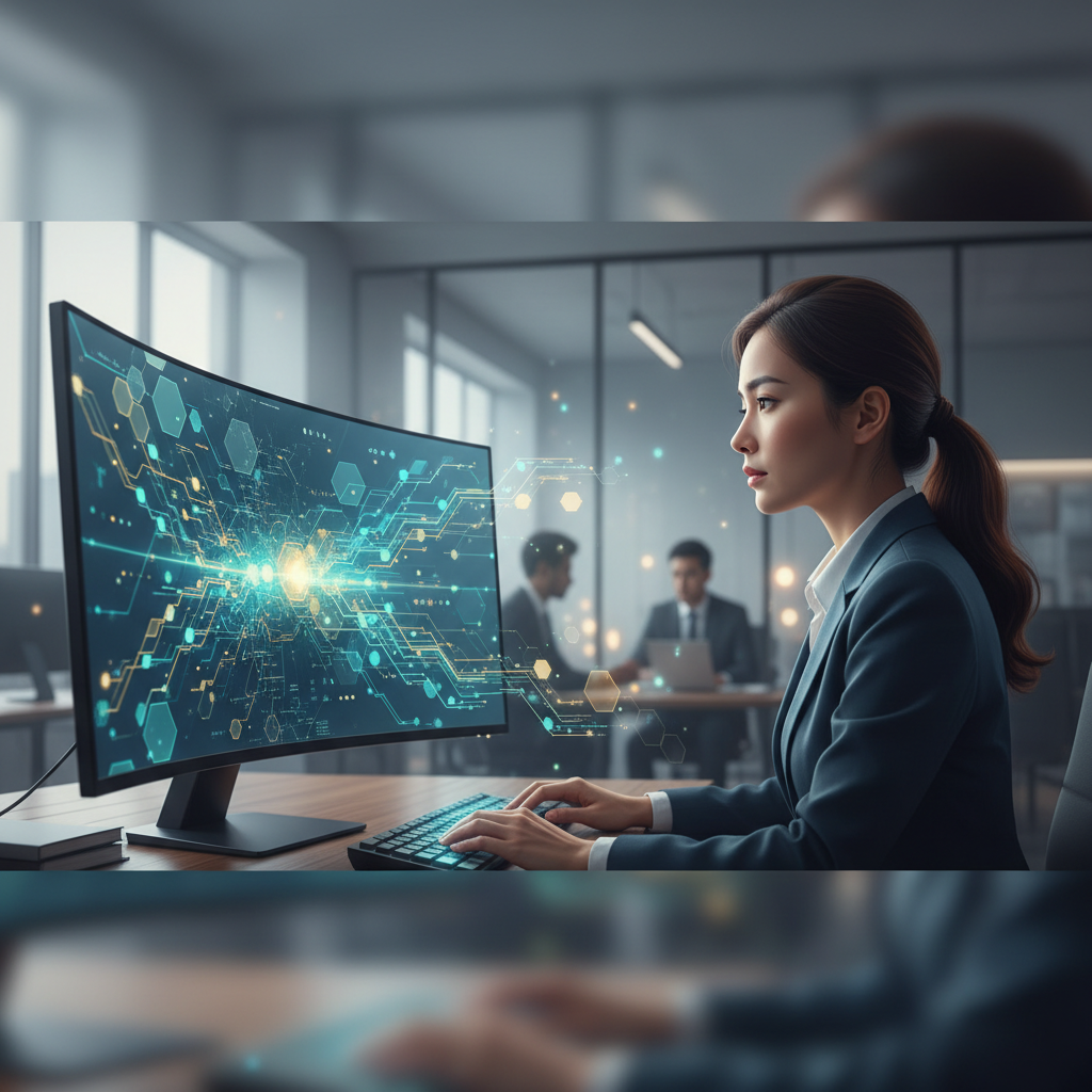 A Vietnamese accountant looking at a computer screen with complex financial data, a subtle AI interface overlay, in a modern office.