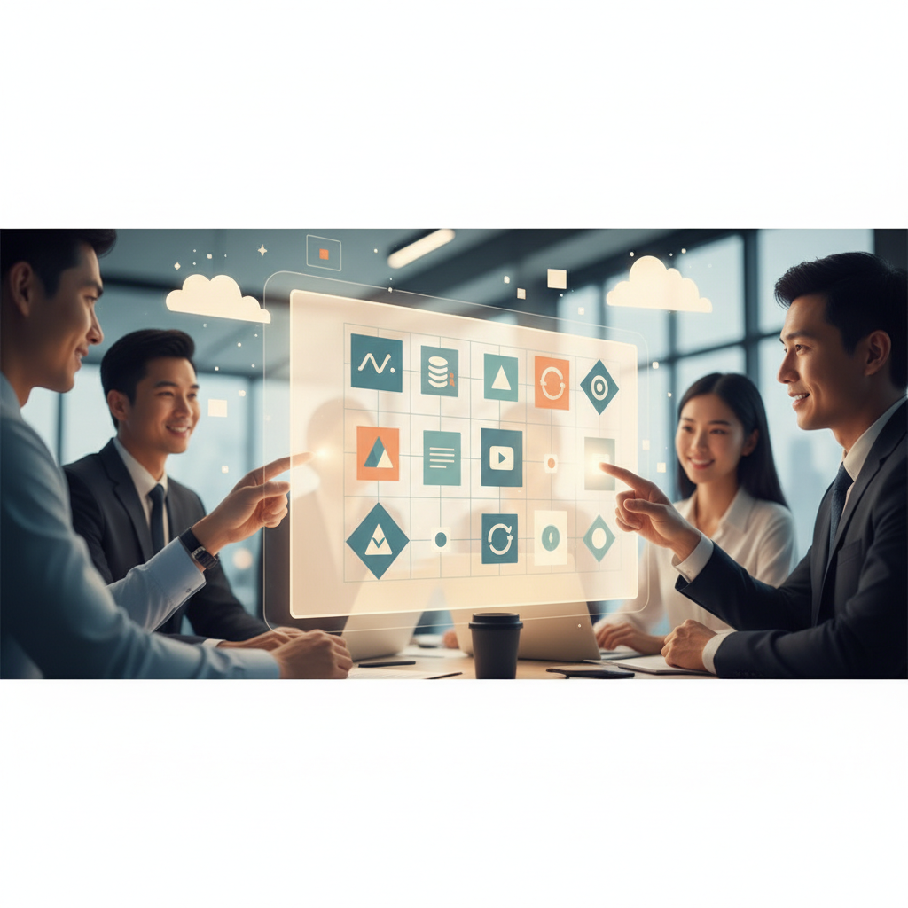 Đội marketing làm việc cùng giao diện AI và lịch nội dung