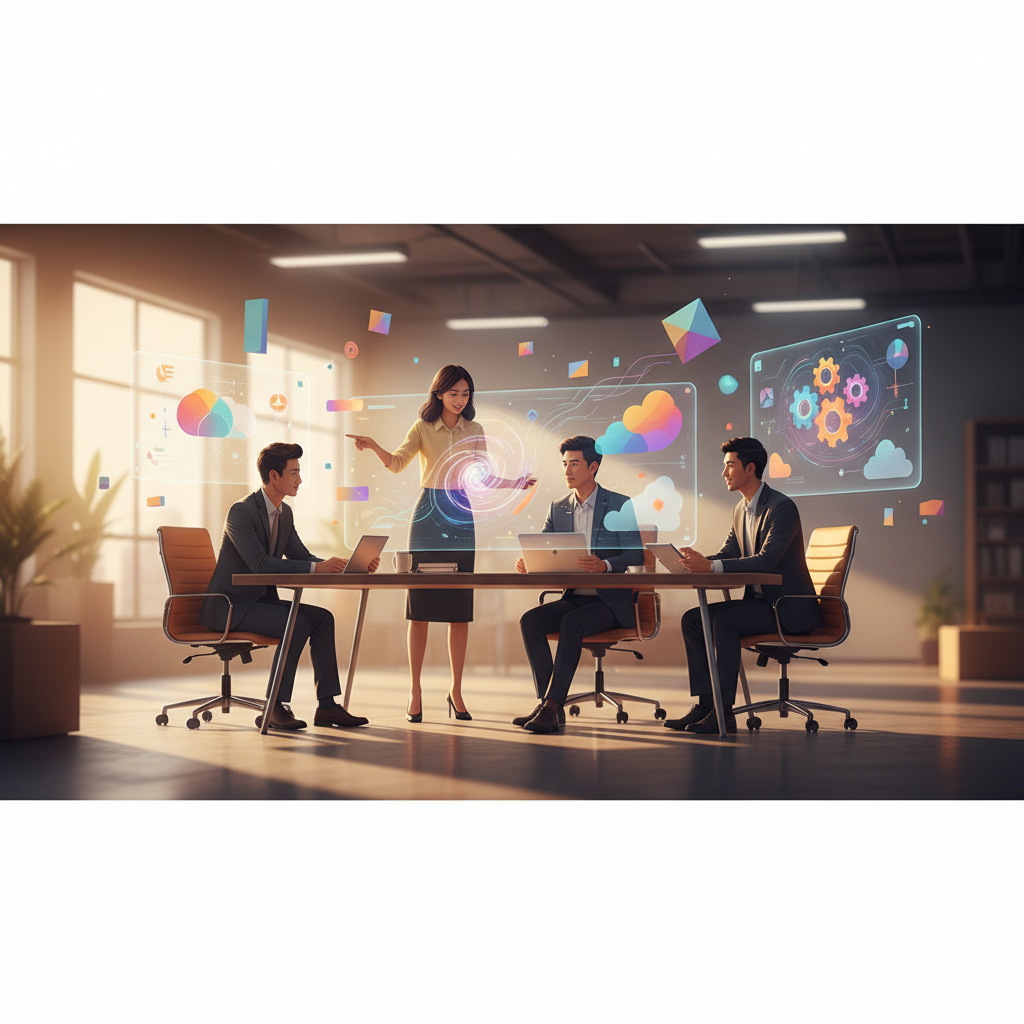A Vietnamese marketing team collaborates, using AI tools on screens to analyze data and plan content.