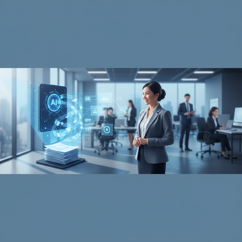 AI system automatically extracting data from a stack of invoices, with a Vietnamese accountant looking on approvingly, in a modern office setting