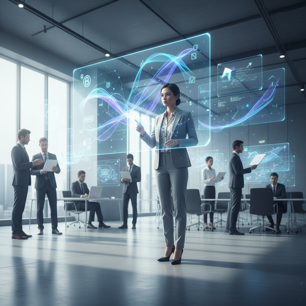 Vietnamese businesswoman in a modern office, looking at a holographic display showing AI-driven marketing insights, surrounded by data visualizations