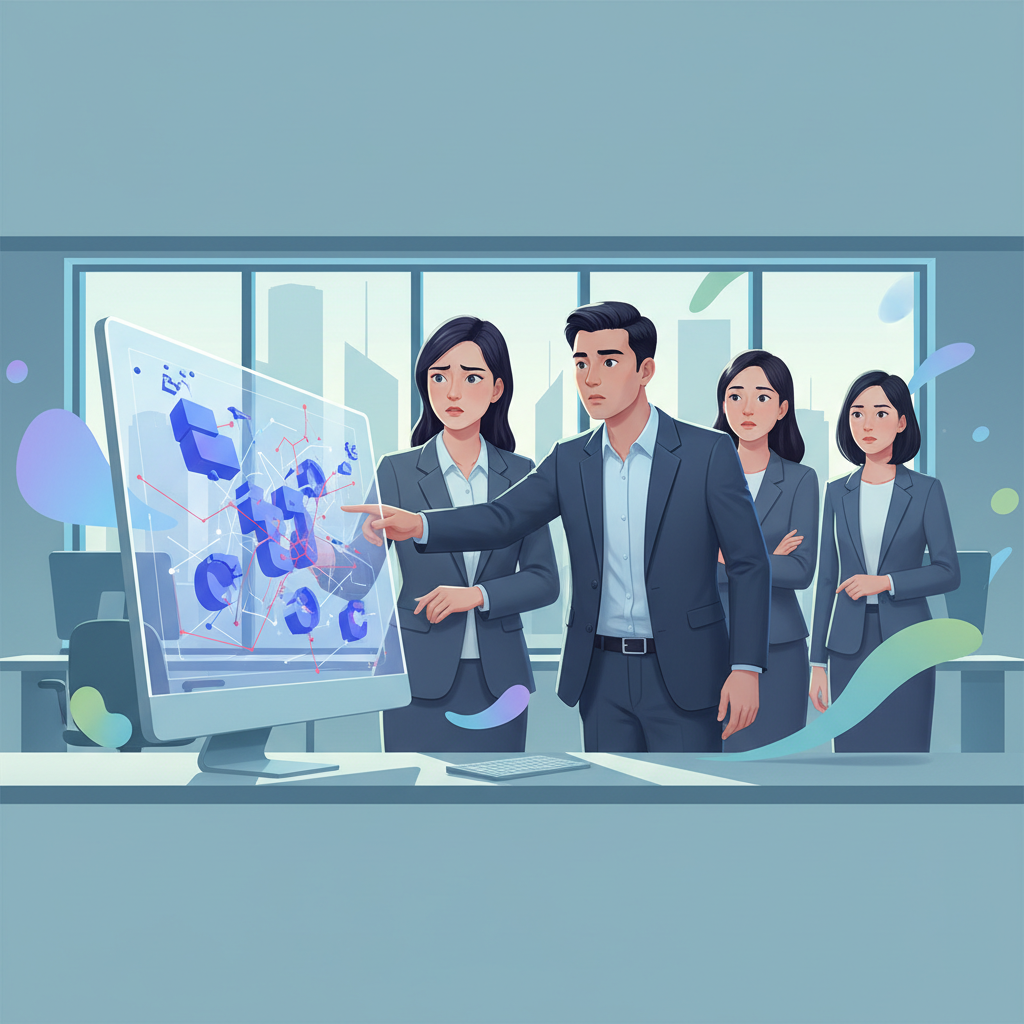 a worried Vietnamese business owner looking at a computer screen showing incorrect AI-generated data, with a team member pointing at the screen in a modern office setting
