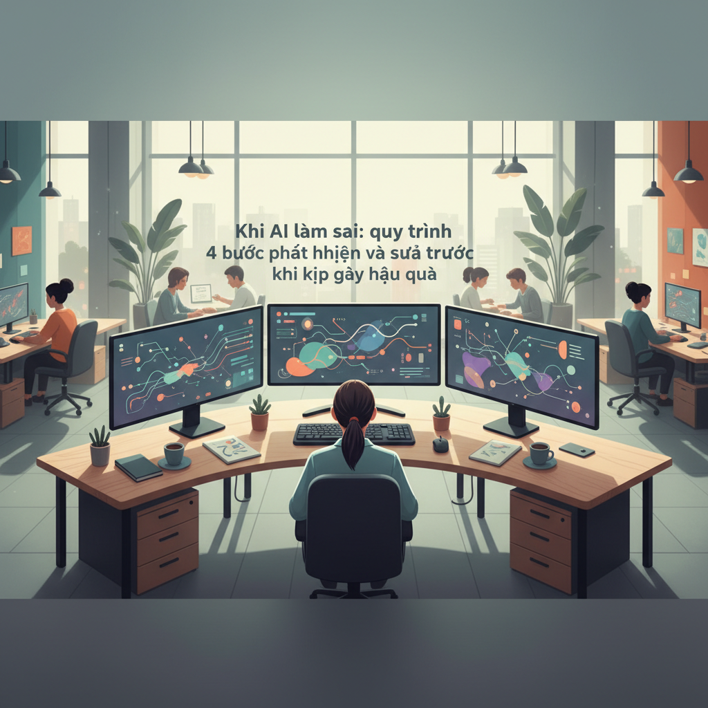 A data scientist in a modern office looking at multiple screens displaying AI performance metrics and anomaly detection graphs in a Vietnamese tech company.