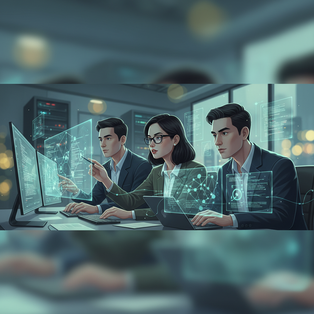 A group of Vietnamese data scientists and engineers looking intently at complex data visualizations and code on multiple screens in a modern office, analyzing AI model performance issues.