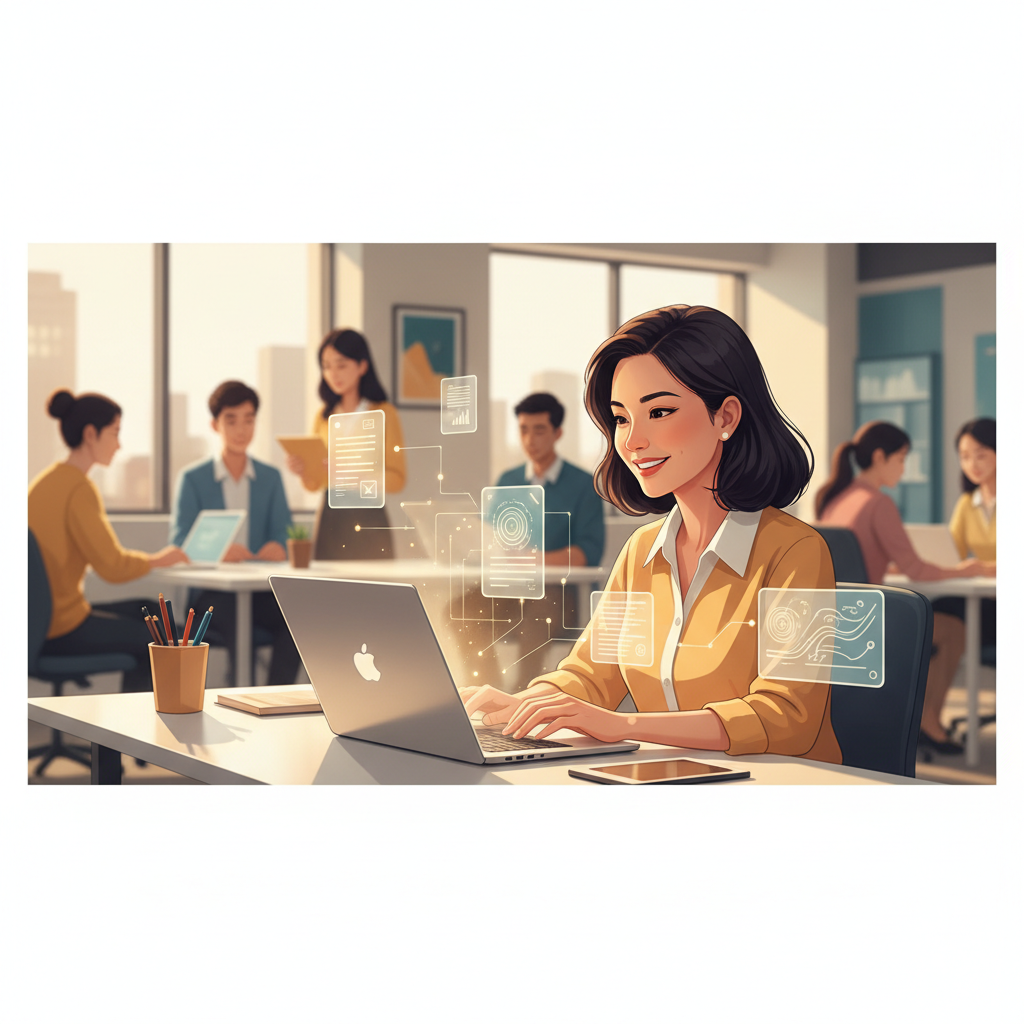 A Vietnamese small business owner is using a laptop, smiling, with AI-generated text documents floating around the screen, showing efficiency and productivity.