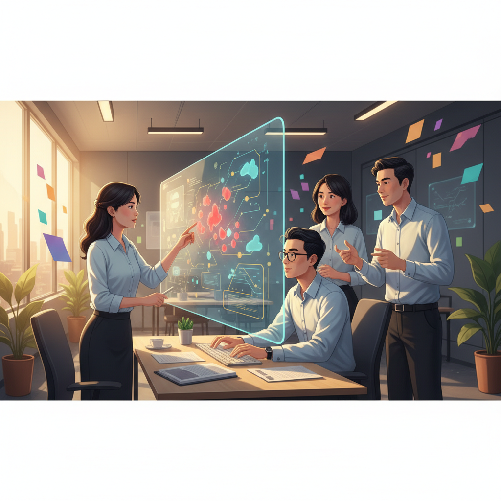 A team of Vietnamese data scientists and engineers collaborating to debug and optimize an AI model in a modern office setting.