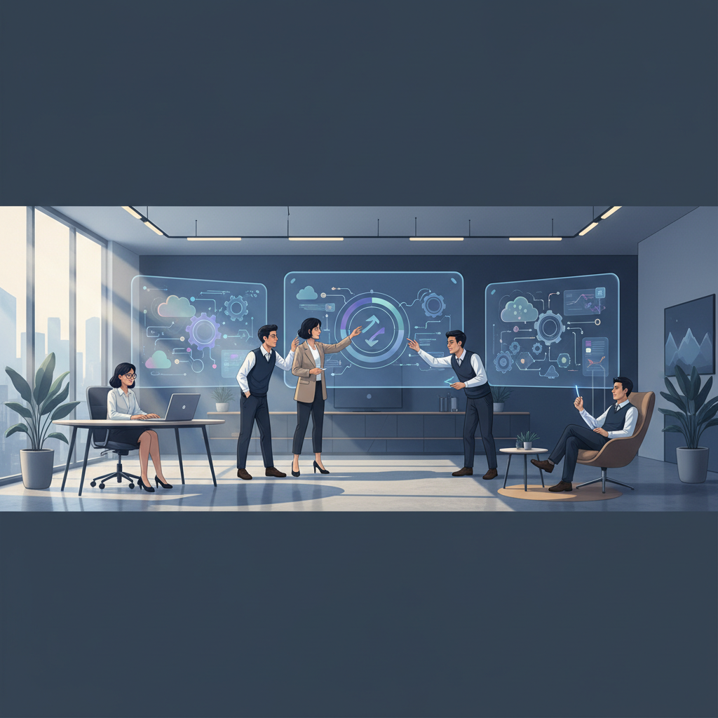 A team of Vietnamese data scientists and engineers collaborating in a modern office, analyzing data and discussing MLOps pipelines on large screens.