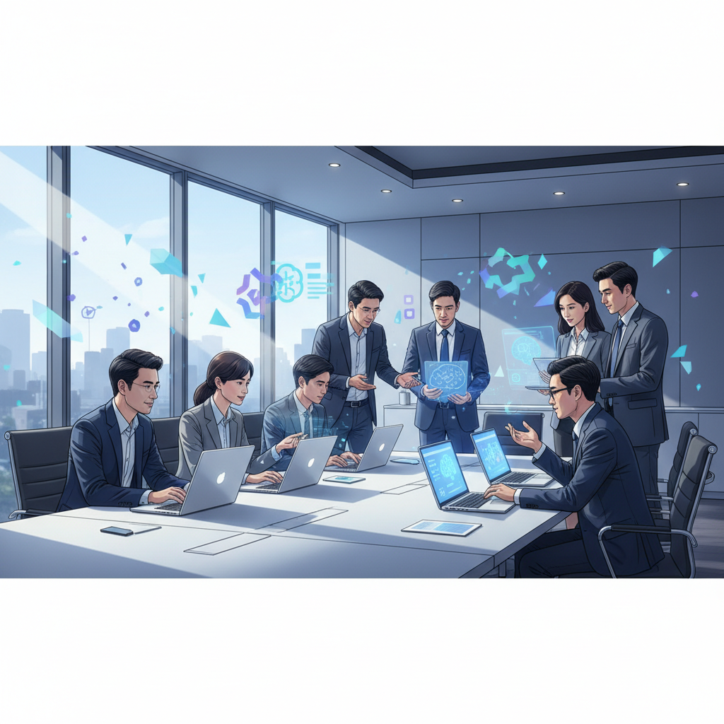 A diverse group of Vietnamese professionals in a modern office setting, actively engaged in a training session, focused on laptops and discussing AI applications.