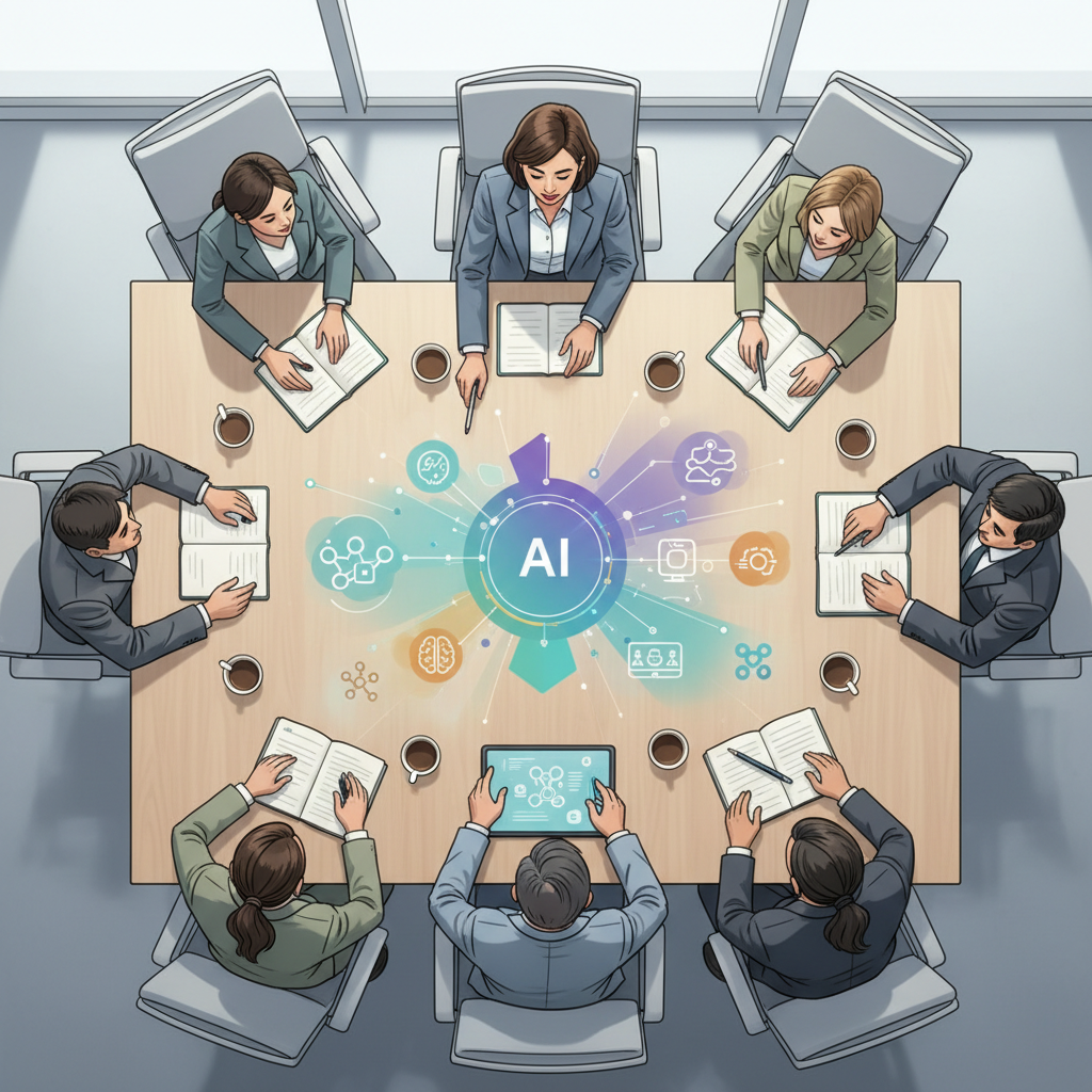 A Vietnamese business professional, mid-30s, presenting AI concepts to a group of colleagues in a modern office meeting room, diverse team, no text on screen.