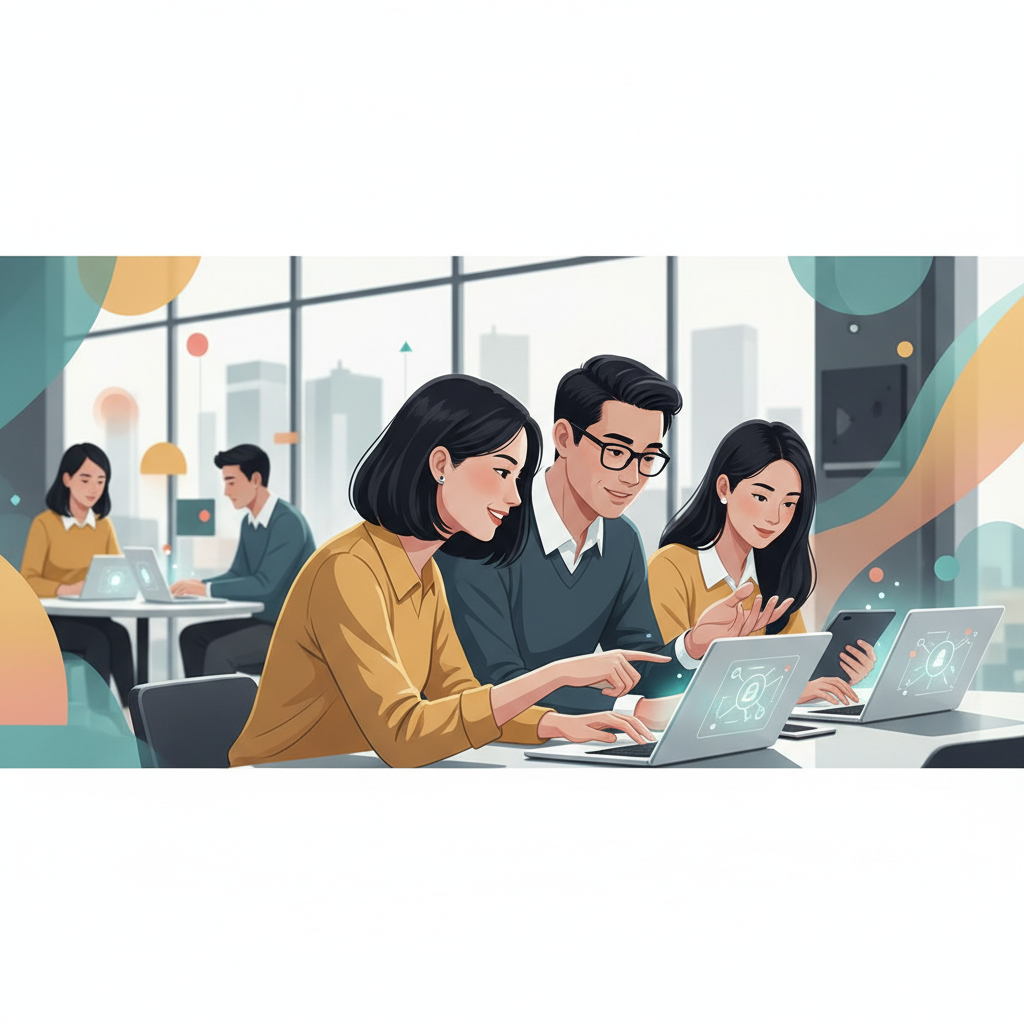 A diverse group of Vietnamese professionals in a modern, brightly lit co-working space, actively collaborating on laptops and discussing ideas, reflecting a dynamic learning environment.