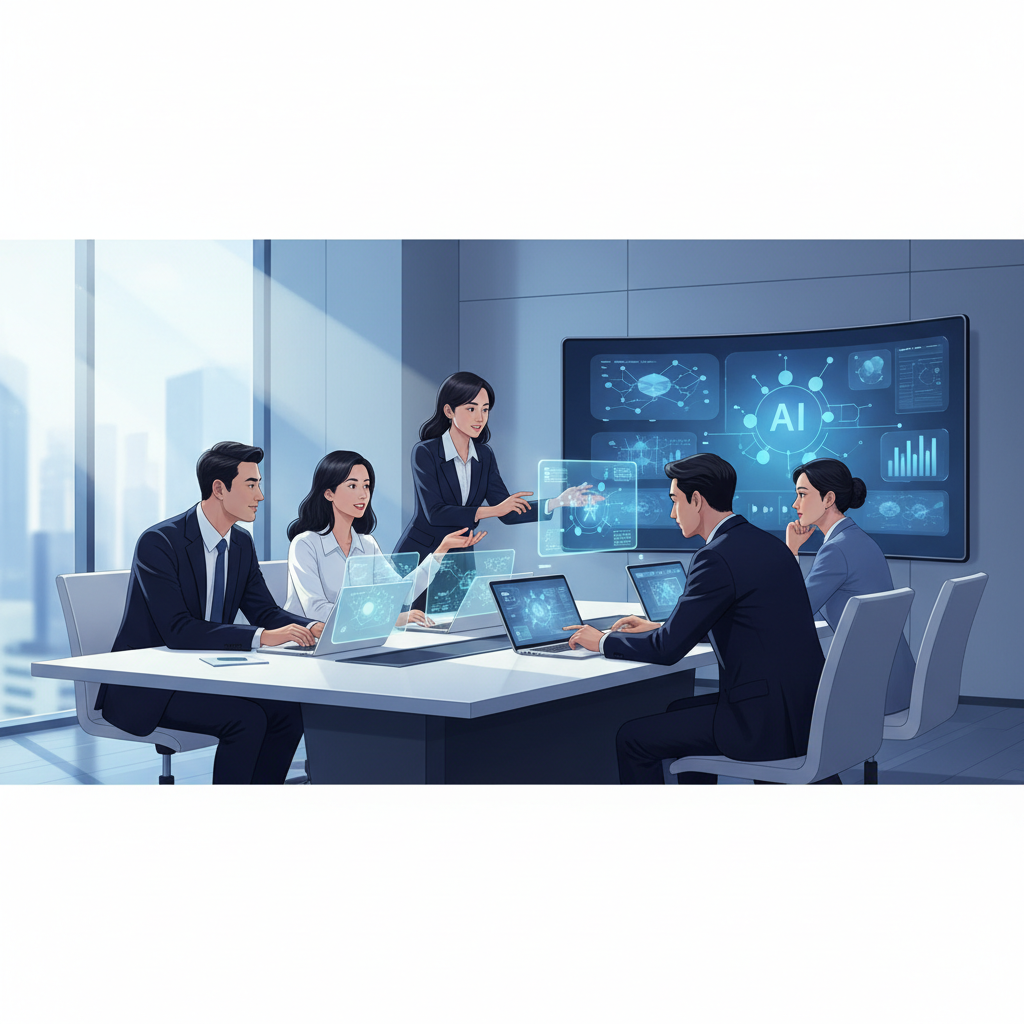 A group of diverse Vietnamese professionals collaborating in a modern office, using AI-powered tools on laptops and large screens, showcasing innovation and productivity.