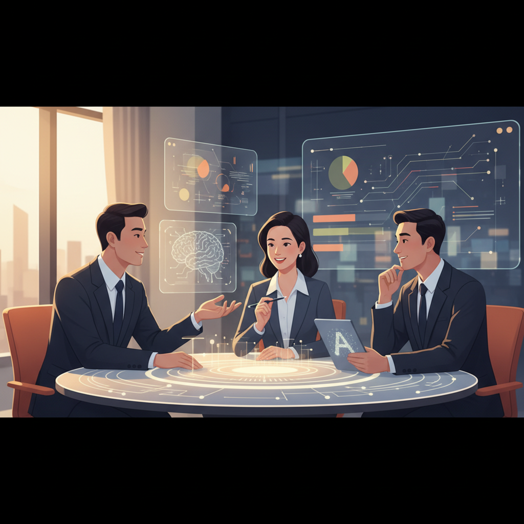 A diverse group of Vietnamese business professionals discussing their experiences with an AI course in a modern office setting, no text