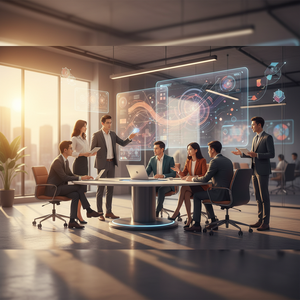 a group of Vietnamese business professionals collaborating on an AI project in a modern office, with data visualizations on screens, no text