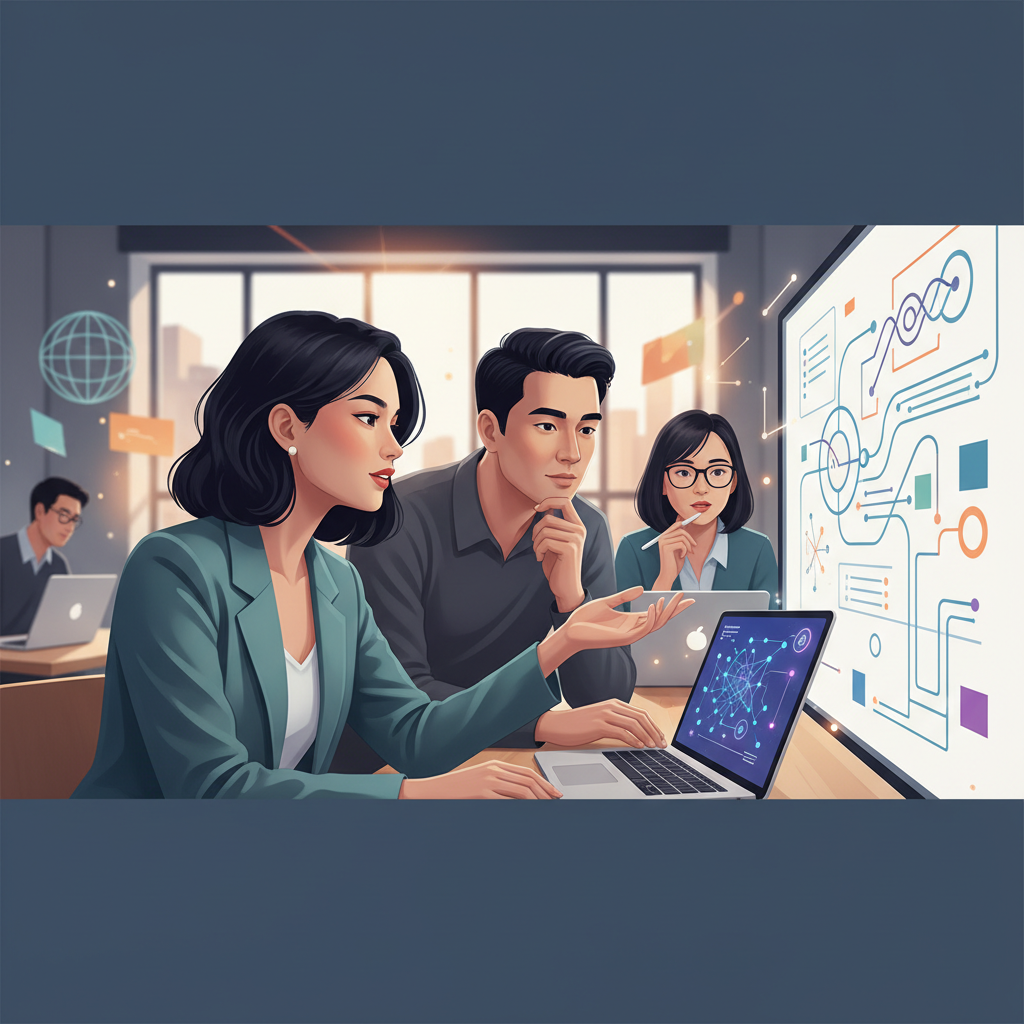 A group of Vietnamese professionals intently discussing a complex AI model in a modern classroom setting, whiteboard filled with algorithms, laptops open.