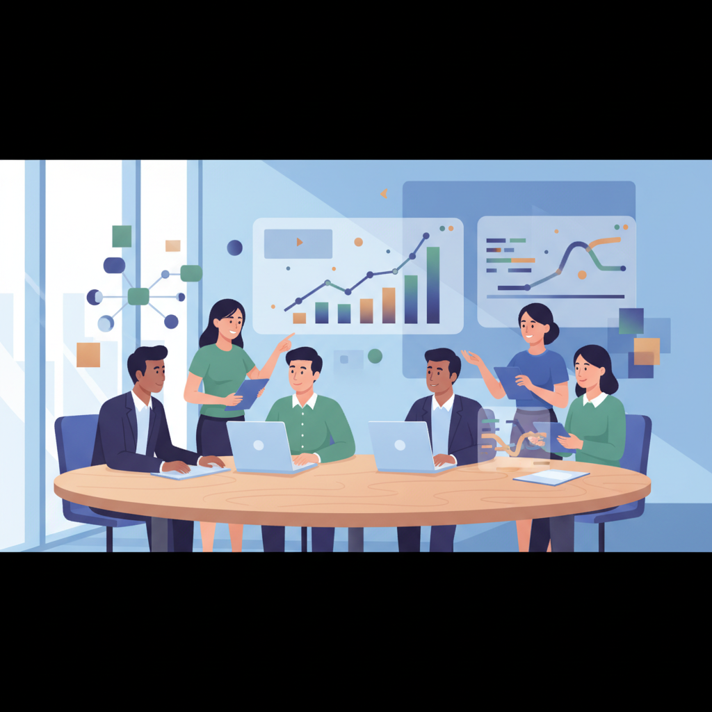 Group of diverse professionals collaborating on a data science project in a modern office, charts and code on screens, bright and dynamic atmosphere, no text