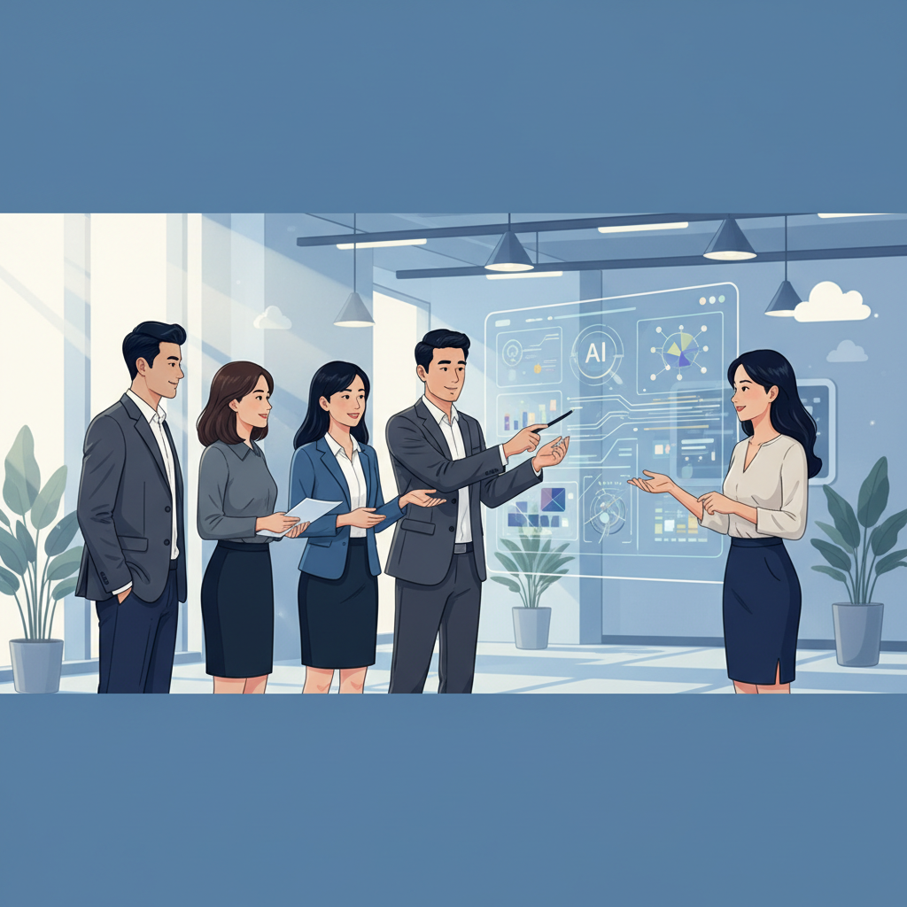 Đội ngũ doanh nghiệp phối hợp với dashboard và công cụ AI