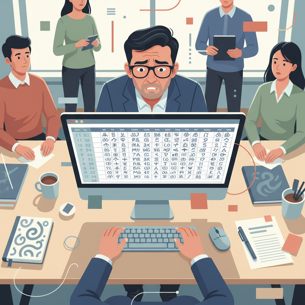 A confused Vietnamese business professional looking at a computer screen displaying garbled text, representing encoding errors in a spreadsheet.
