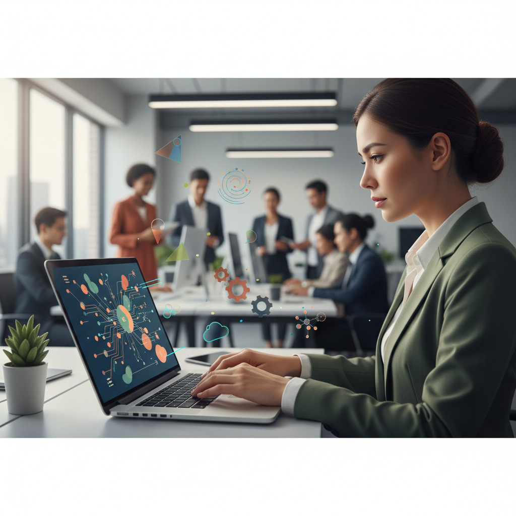 A Vietnamese business professional setting up an AI agent on a laptop, surrounded by modern office environment, no text