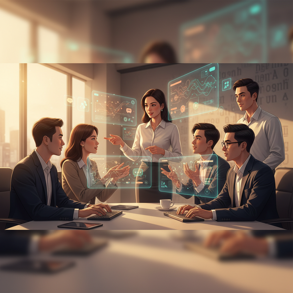 Vietnamese business professionals collaborating on AI data annotation, with data visualizations on screens and a diverse team discussing language nuances.