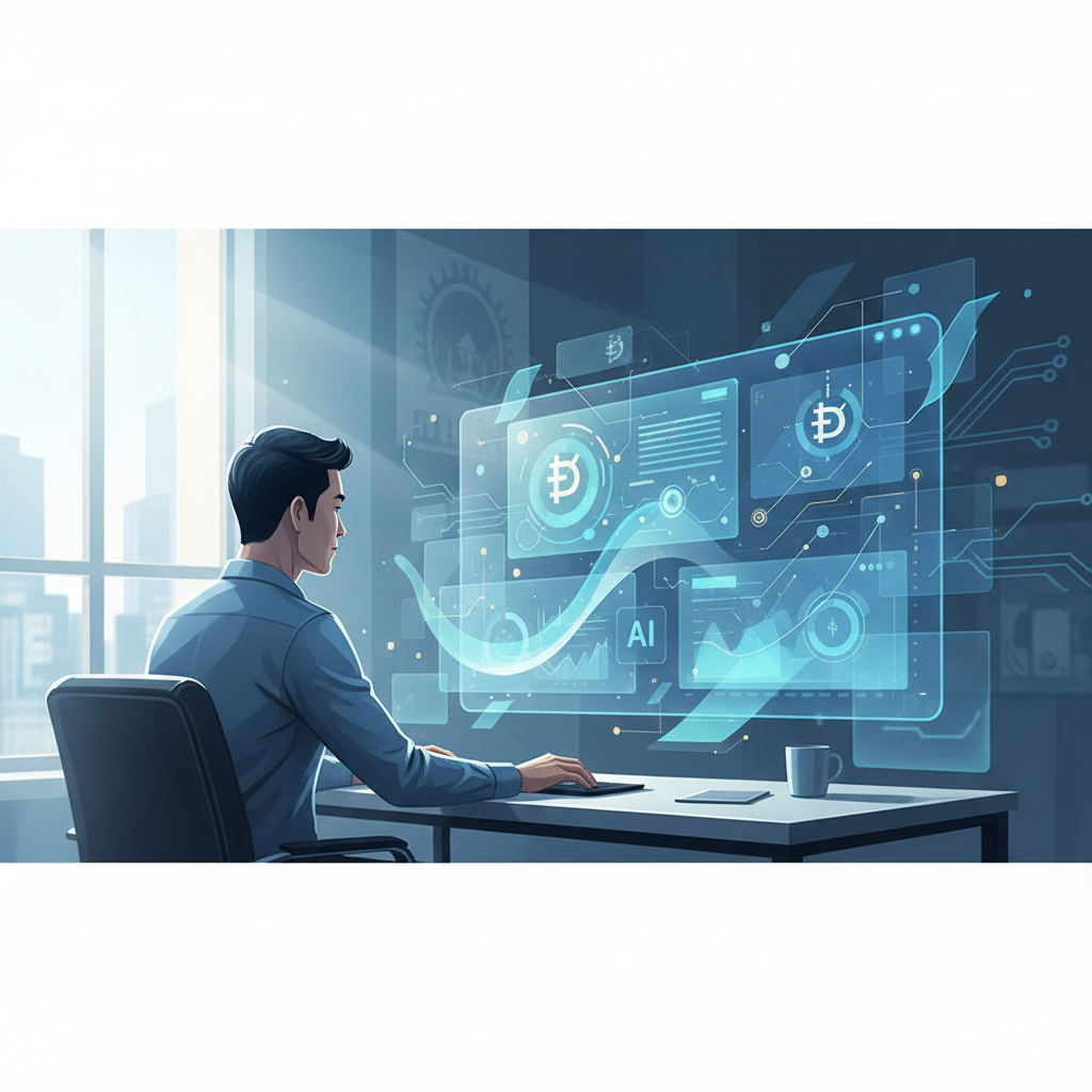 A data analyst looking at a complex dashboard showing insights from Vietnamese financial reports, with AI-generated graphs and charts.