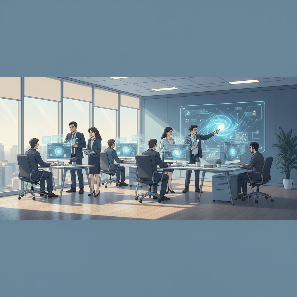 A bustling modern Vietnamese office environment, with diverse employees collaborating and a subtle digital overlay representing AI agents assisting with tasks on screens.