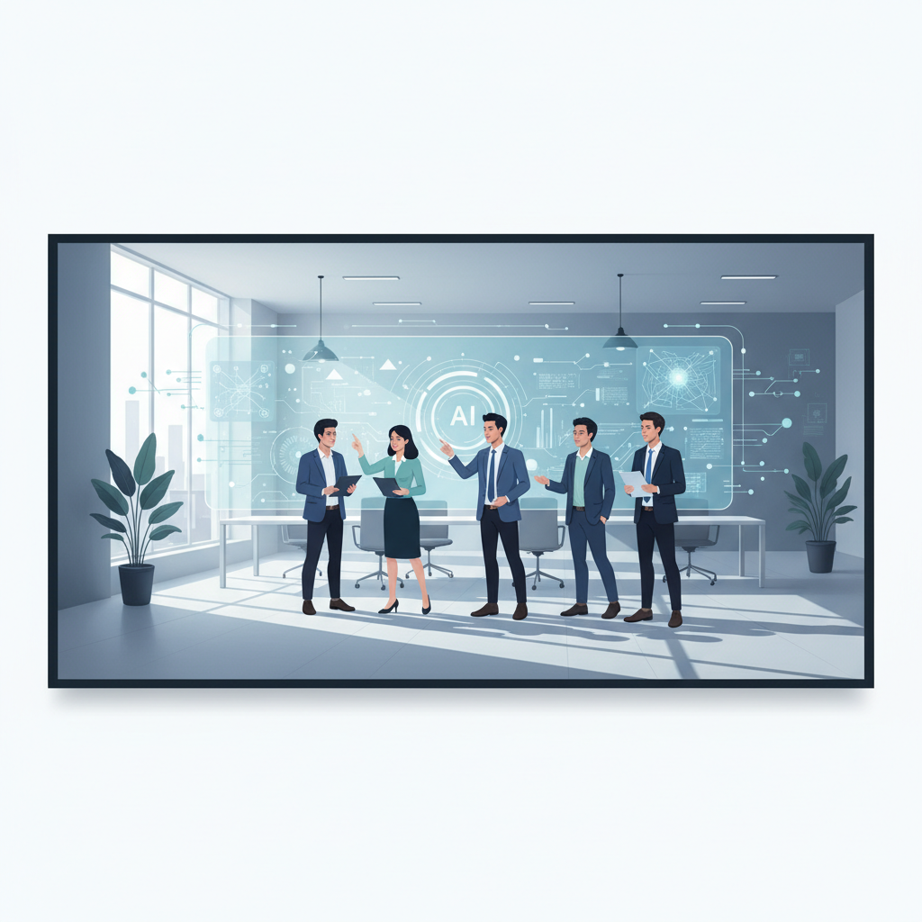 A diverse team of Vietnamese business professionals collaborating with AI interfaces on large screens in a modern office
