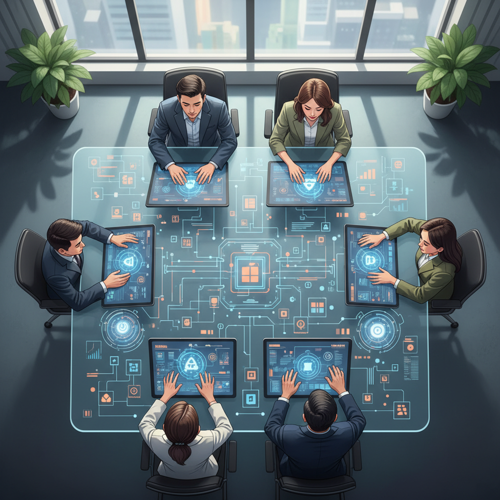 A Vietnamese business team in a modern office, analyzing data on multiple screens, with AI agent interfaces displayed prominently.