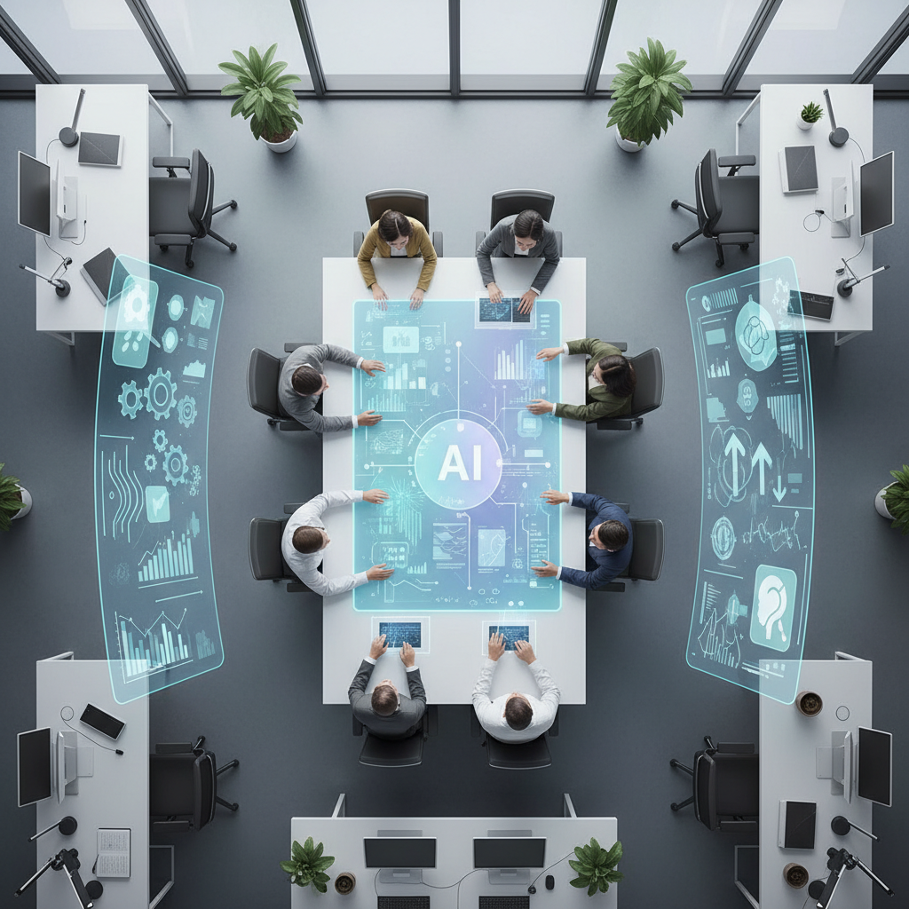A diverse team of professionals in a modern Vietnamese office collaborating with AI interfaces on large screens, illustrating enhanced productivity.