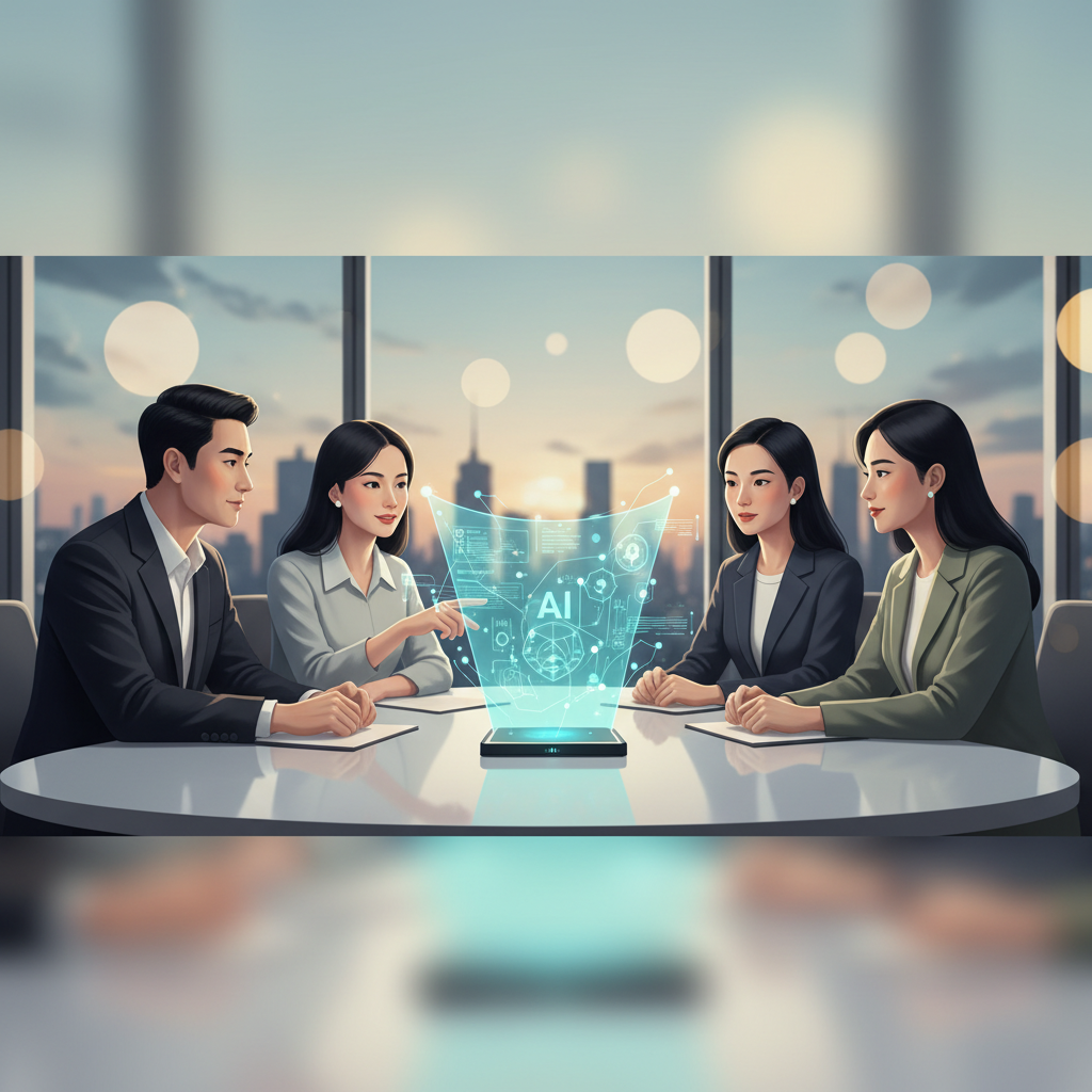 A group of Vietnamese business professionals collaborating around a table, with a holographic AI assistant displaying data, reflecting a safe and ethical AI environment.