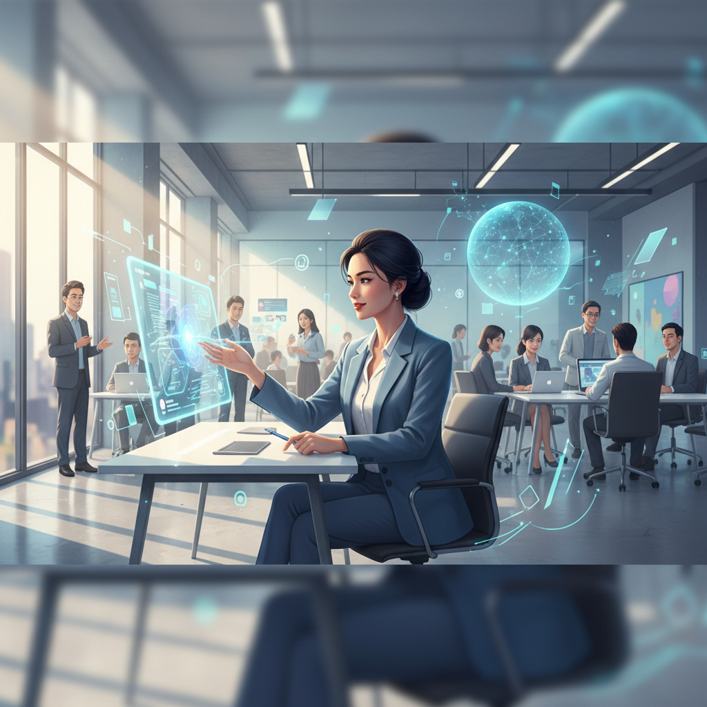A Vietnamese business professional reviewing reports generated by an AI agent, in a modern office setting.