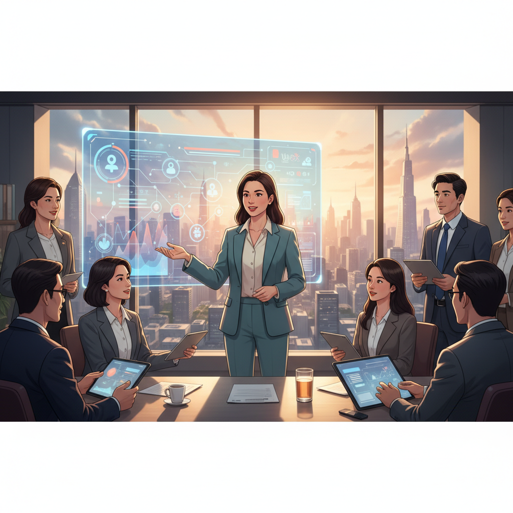 A Vietnamese businesswoman is confidently presenting a complex data analysis report using an AI-powered dashboard, in a modern office with city views.