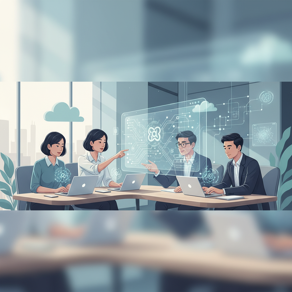 A diverse team of Vietnamese professionals collaborating in a modern office, utilizing AI tools on their laptops and large screens.