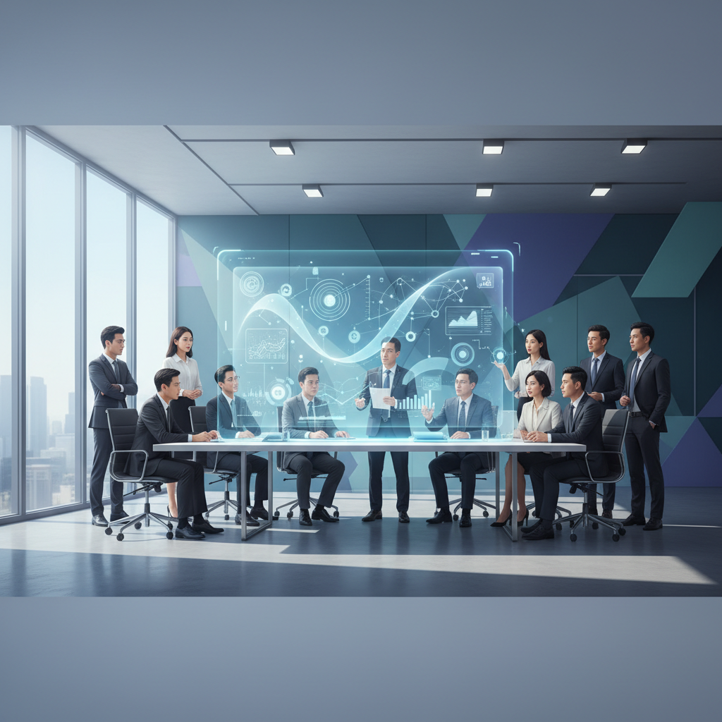 A diverse group of Vietnamese business leaders in a modern boardroom, looking at a futuristic holographic display showing AI-driven data insights.