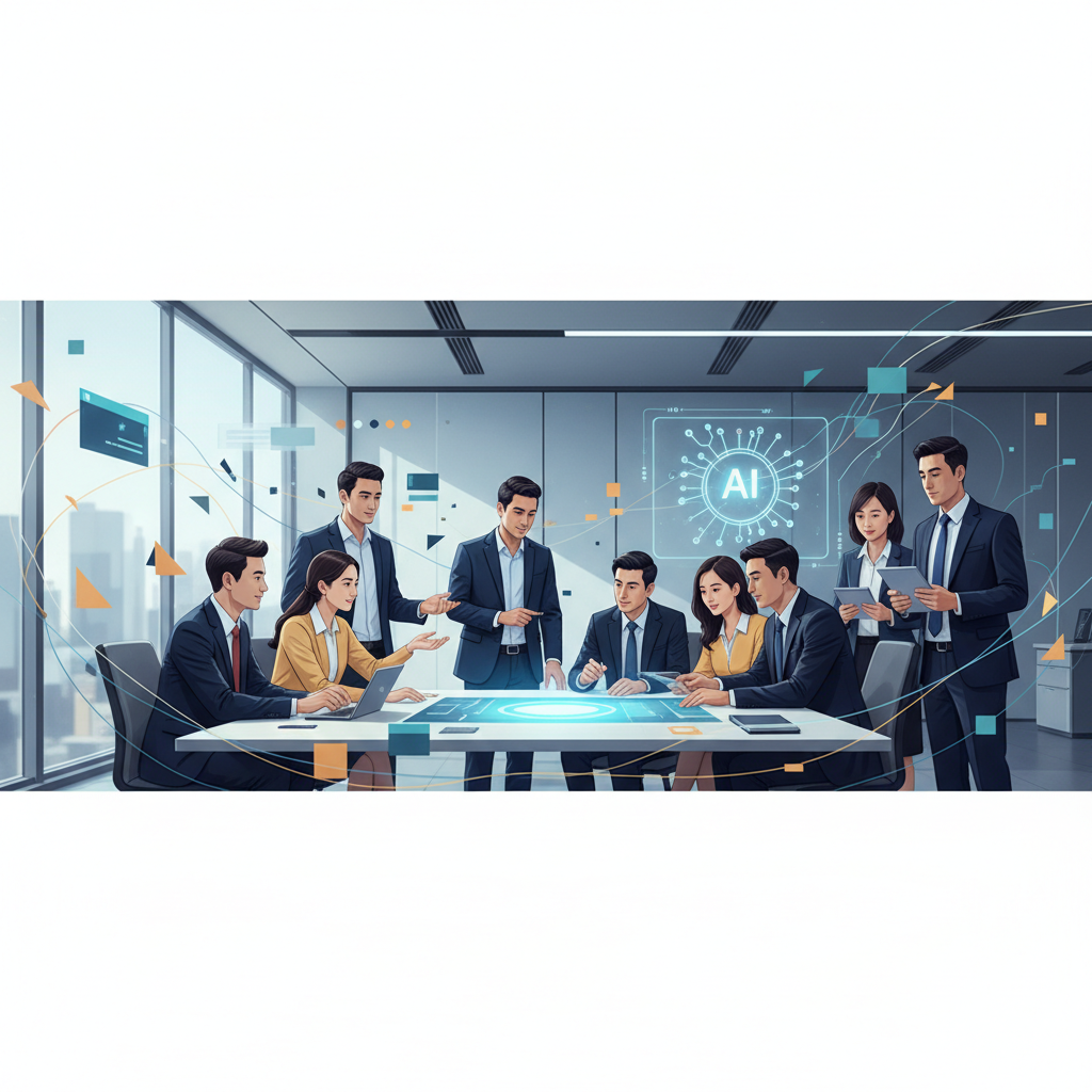 A group of Vietnamese business professionals actively participating in an AI training session, looking engaged and collaborative.