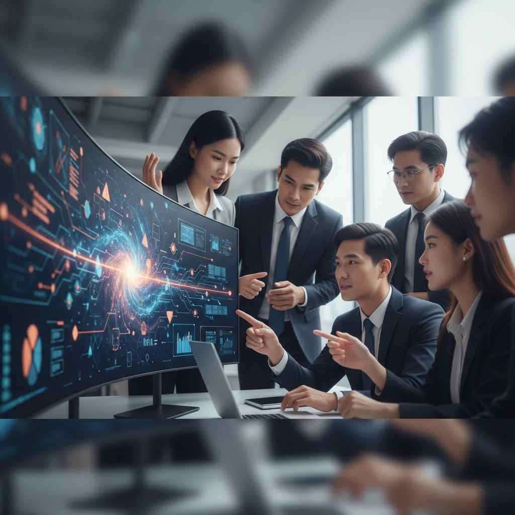 A diverse group of Vietnamese business professionals engaged in an AI training session, collaborating around a large screen displaying complex data visualizations.