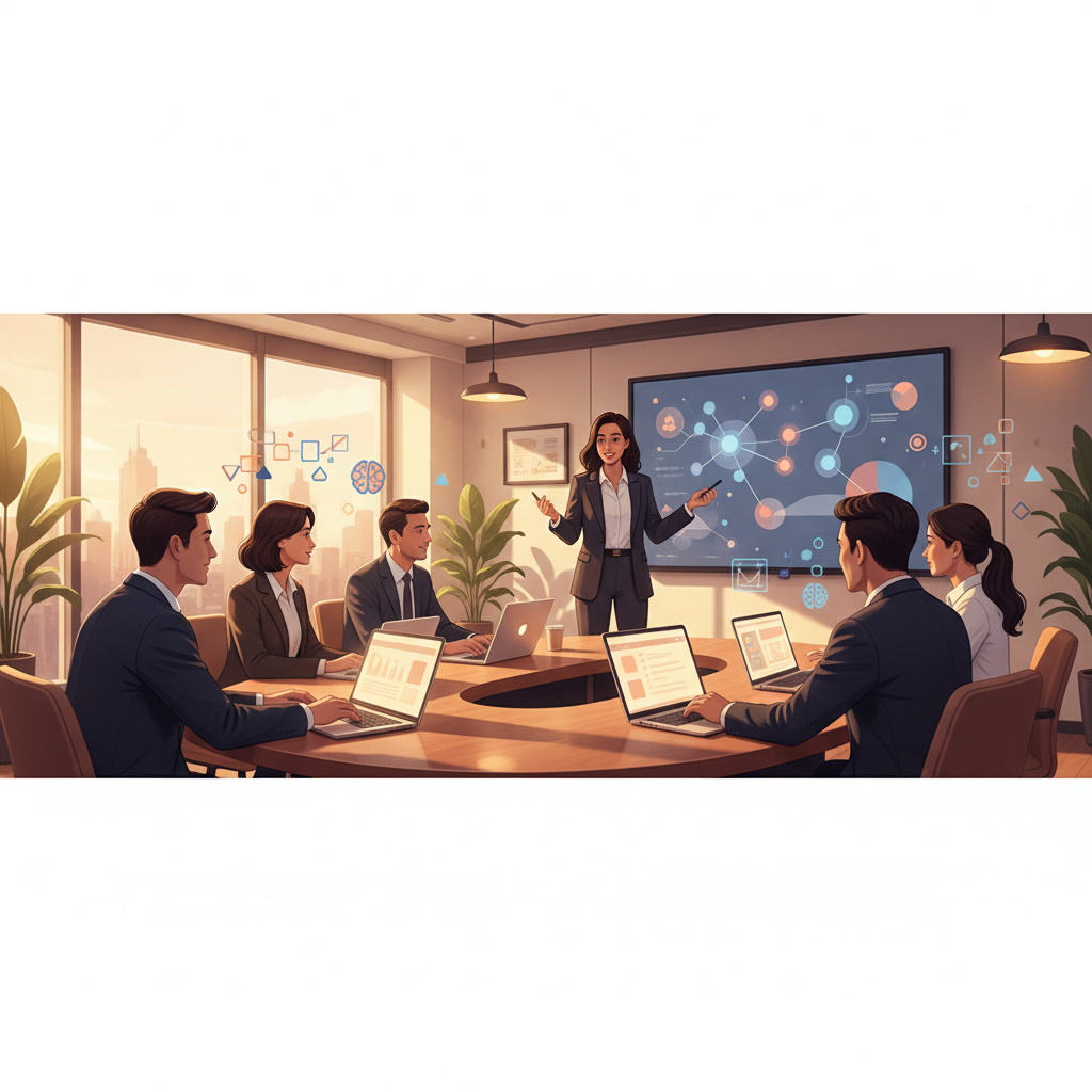 A group of Vietnamese business professionals attending a focused AI workshop, actively engaging with a lecturer and laptops in a modern training room.