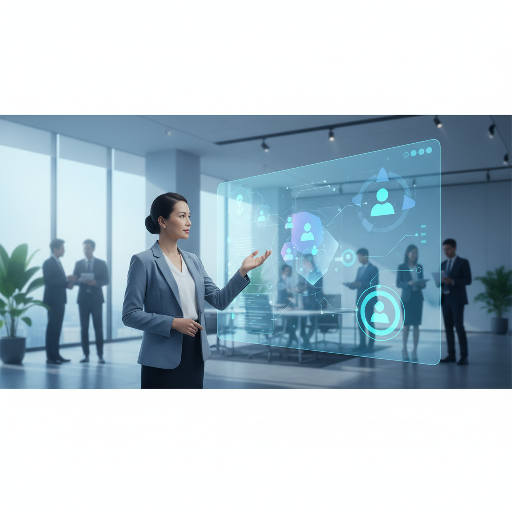 A Vietnamese HR professional interacting with a sophisticated AI dashboard, showing data visualizations related to talent acquisition and development in a modern office.