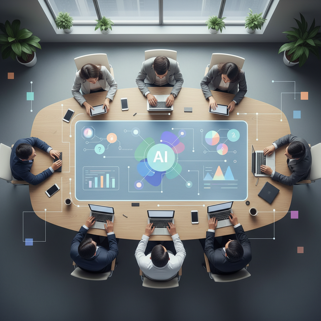 AI algorithms analyzing HR data, showing graphs and insights on a screen, with diverse Vietnamese employees collaborating in the background.