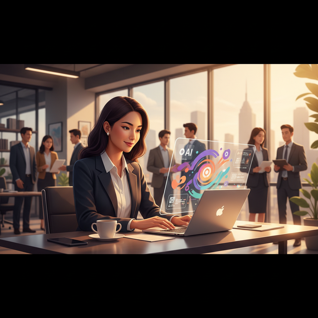 HR professional in Vietnam using an AI-powered analytics dashboard to review recruitment data, with a laptop and coffee.