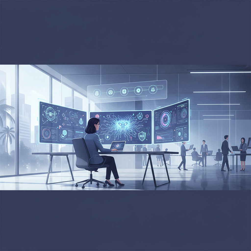 A cybersecurity expert in a modern Vietnamese office, analyzing AI-driven threat intelligence on multiple screens, showing complex data visualizations.