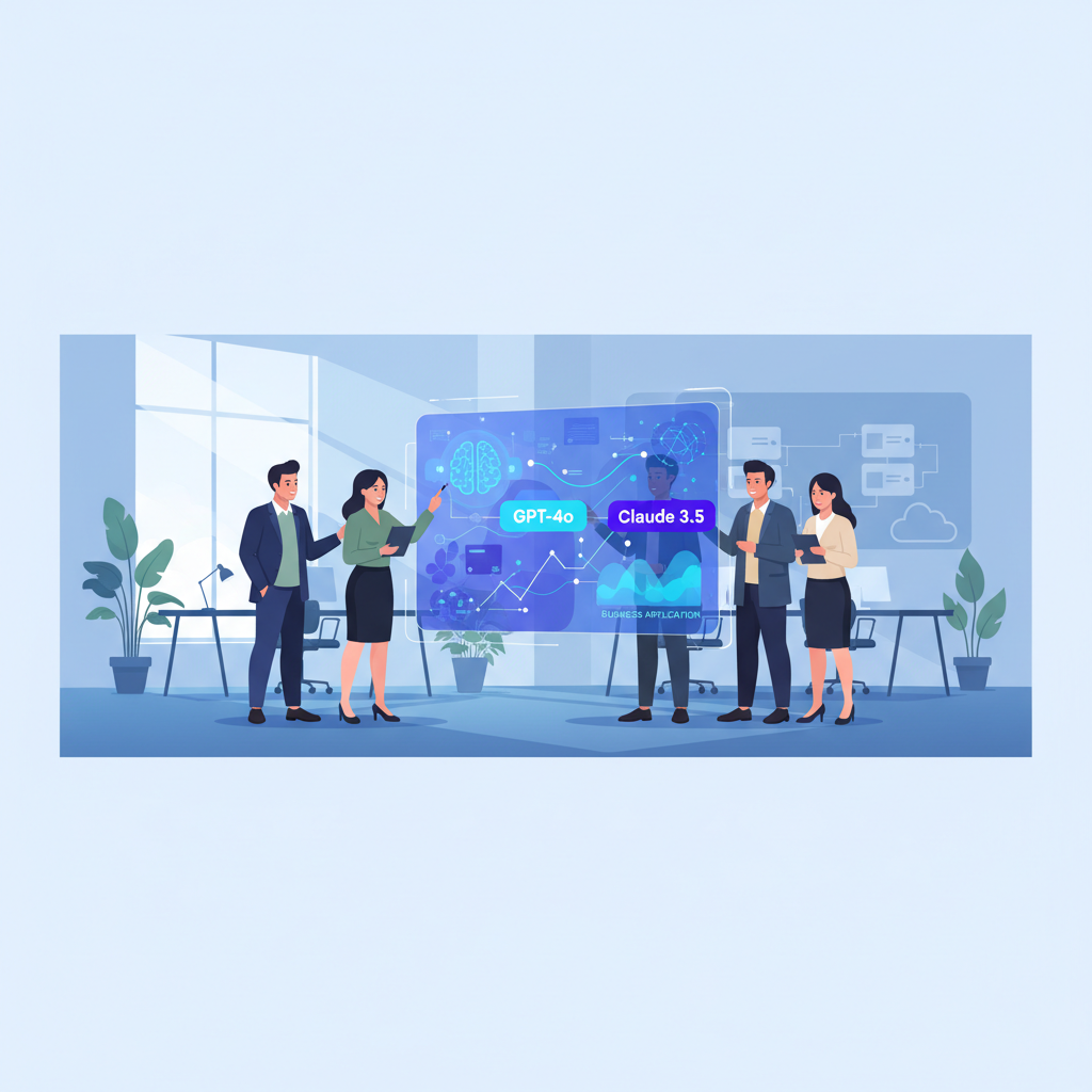 A Vietnamese business team brainstorming in a modern office, looking at a large screen displaying complex data and AI model comparisons.