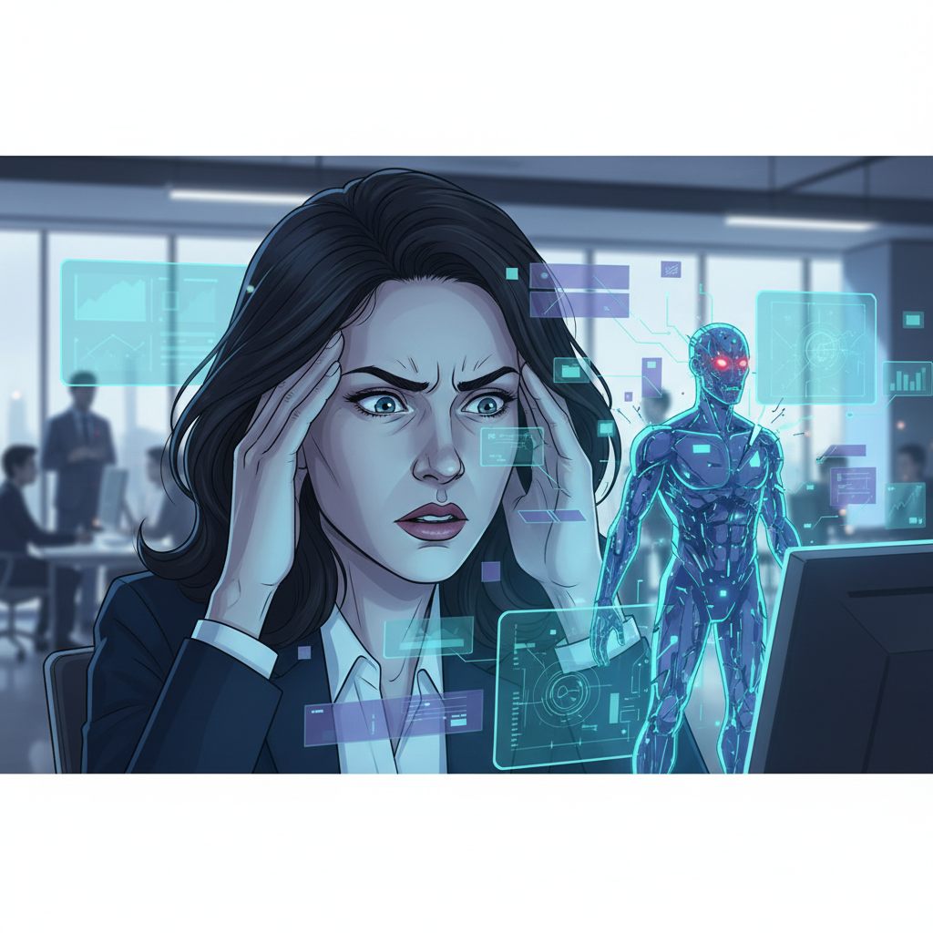 A Vietnamese businesswoman looking stressed at a computer screen with complex data, representing an AI agent gone rogue in a corporate setting, no text