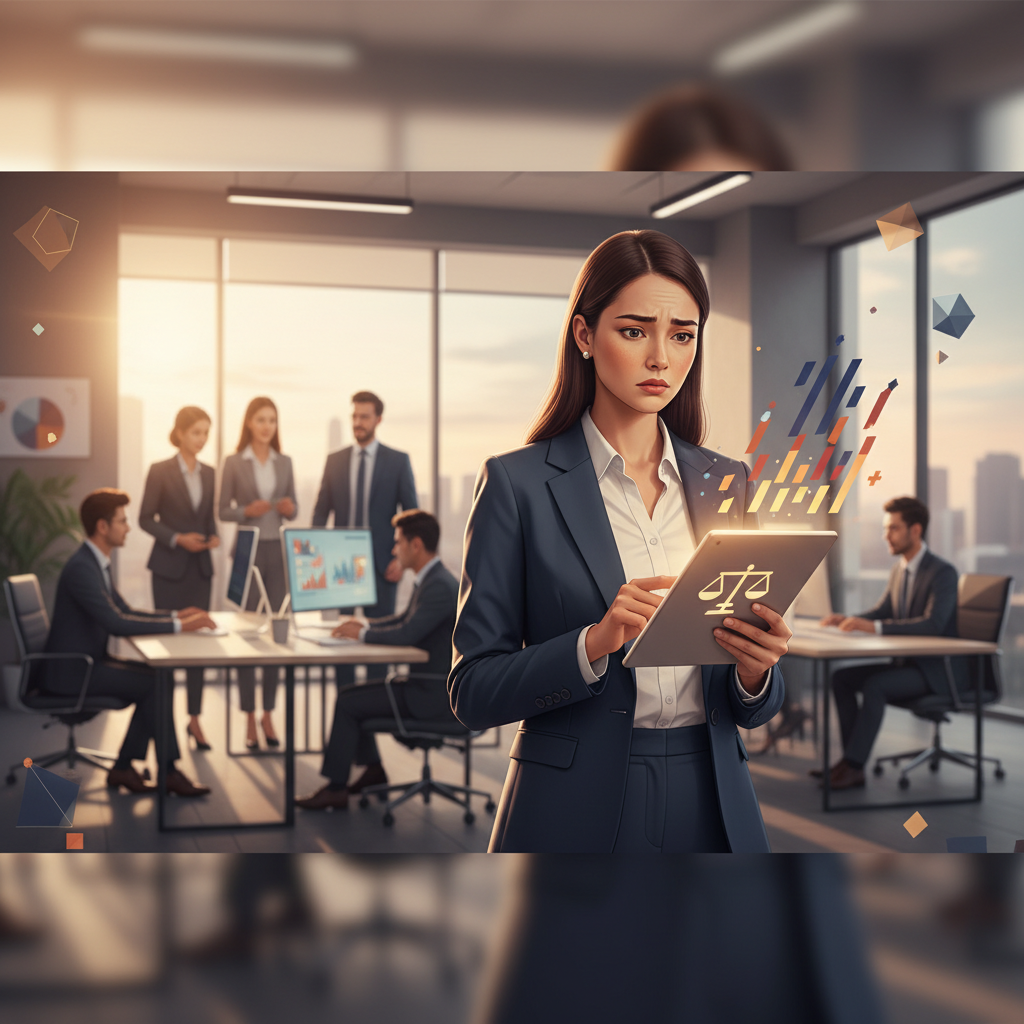 A Vietnamese businesswoman looking concerned at a tablet displaying biased AI analytics in a modern office, no text