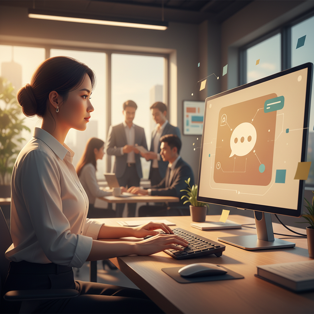 Nhân viên chăm sóc khách hàng Việt Nam phối hợp với chatbot AI trên màn hình máy tính